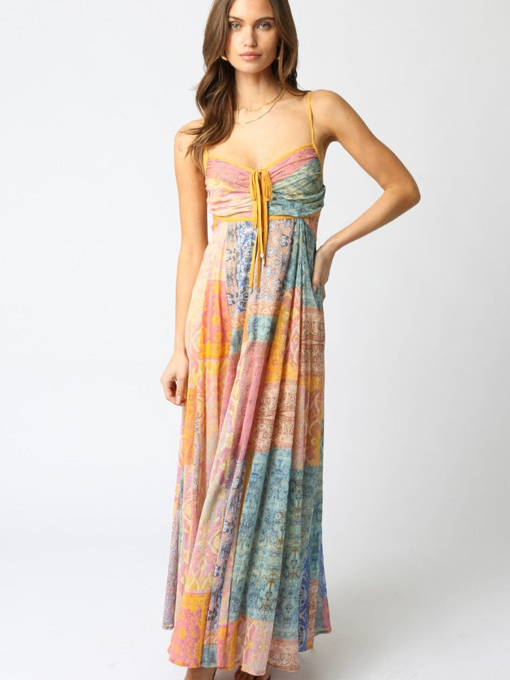 Damen nan bodenlanges Maxikleid mit gerafftem Bustier, Tunnelzug und Patchwork-Print Drune