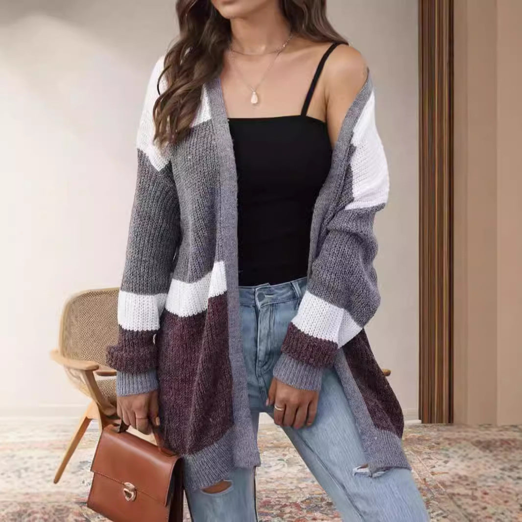 Damen lockere Strickjacke mit modischem Streifenmuster Drune