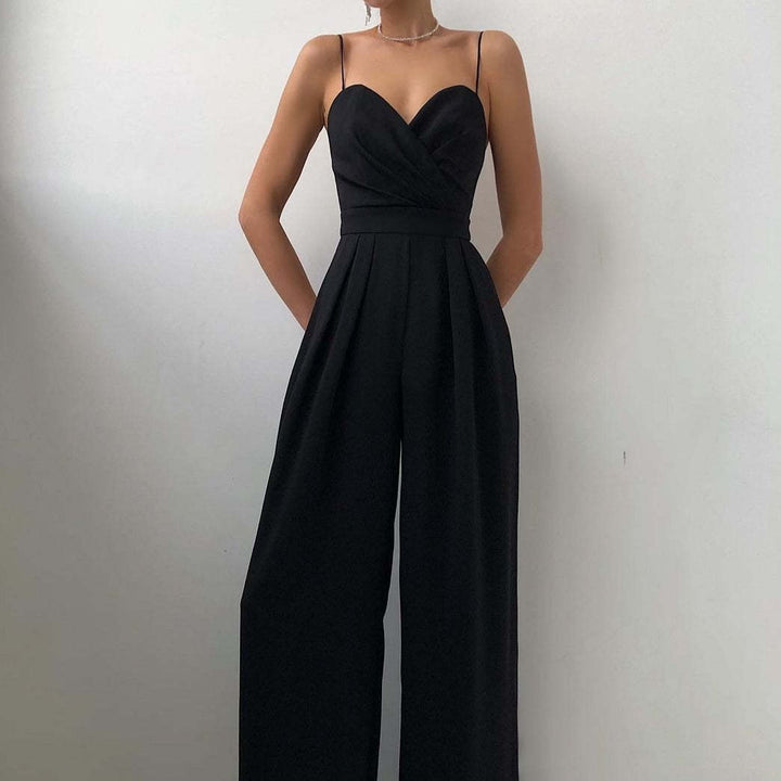 Damen eleganter Jumpsuit mit tiefem V-Ausschnitt und weiten Beinen Drune