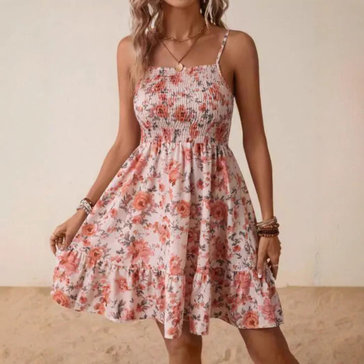 Damen Blumenkleid mit elastischem Oberteil und gerafftem Rock Drune