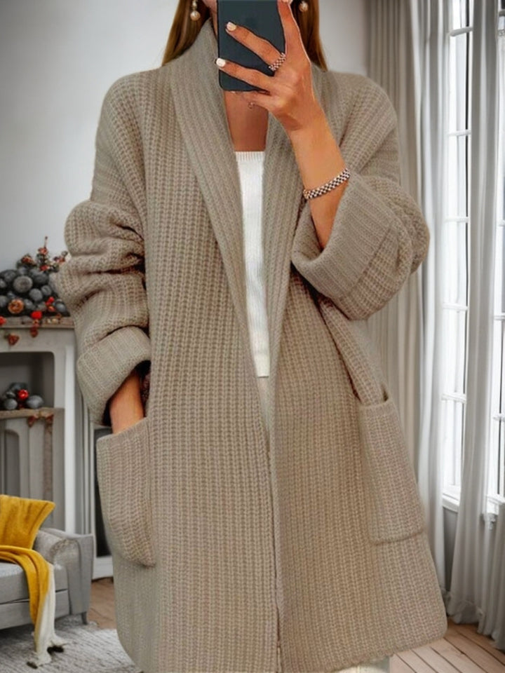 Damen nan langer übergroßer Strickmantel mit Schalkragen und aufgesetzten Taschen Drune