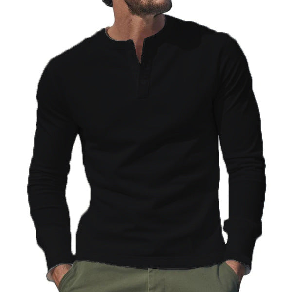 Herren nan langärmeliges Henley-Longsleeve mit Stehkragen, 3-Knopfleiste und elastischem Baumwollstretch Drune