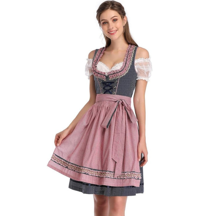 Damen nan klassisches Dirndlkleid mit geschnürtem Mieder, knielanger Trachtenrock und Satinschleife Drune
