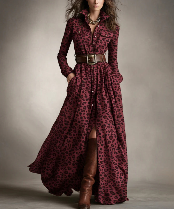 Damen nan karierte Maxikleid Hemdblusenkleid mit ausgestelltem Rock und breitem Taillengürtel Drune