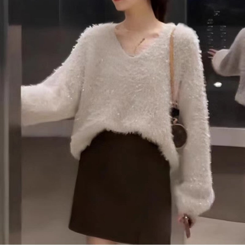 Damen kuscheliger V-Ausschnitt Pullover mit glitzerndem Faden Drune