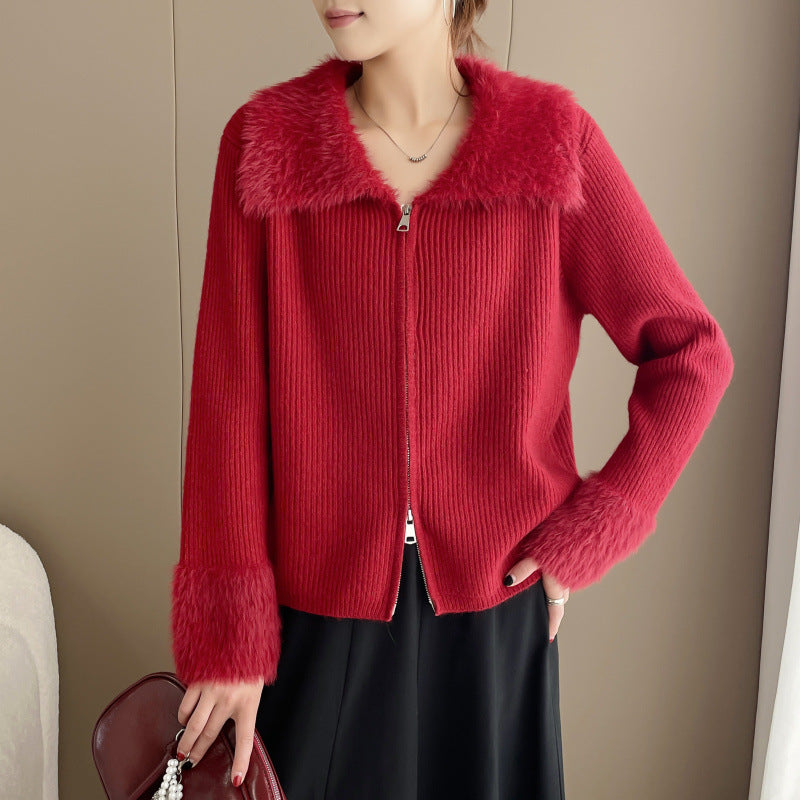 Damen Strickjacke mit luxuriösem Kunstfellkragen und Rippstruktur Drune