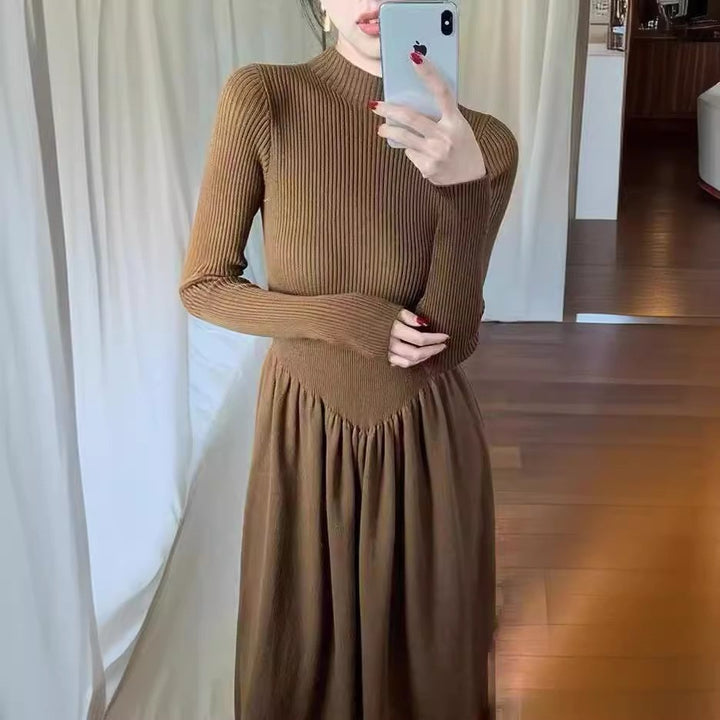 Damen Elegantes Langarm-Maxikleid mit hohem Hals Drune