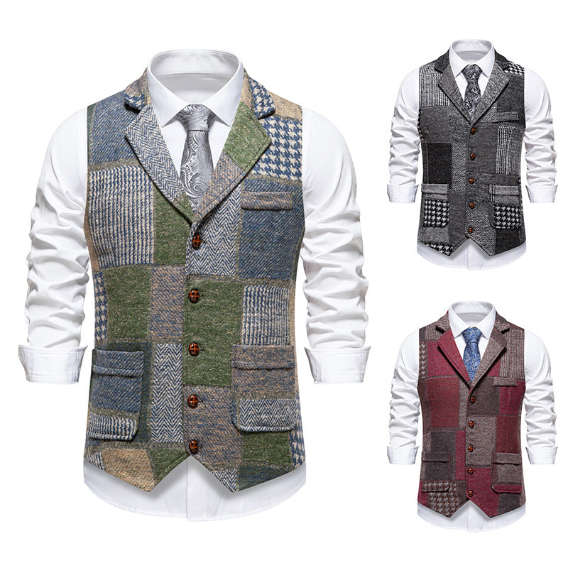 Herren nan Patchwork Weste mit Reverskragen Knopfleiste und aufgesetzten Taschen Drune