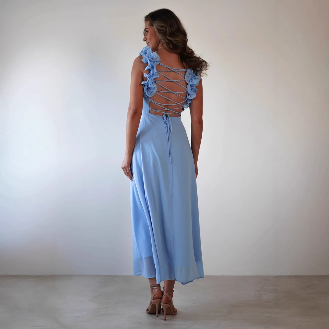 Damen Maxikleid mit verspielten Rüschendetails und elastischem Oberteil Drune