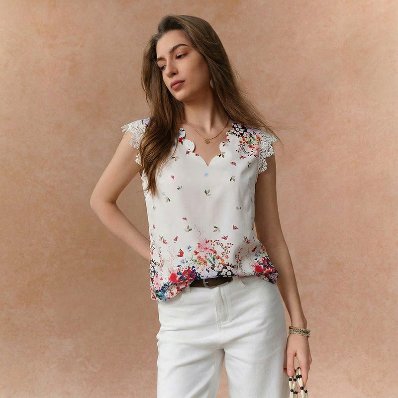 Damen Bluse mit floralem Muster und Spitzenbesatz Drune