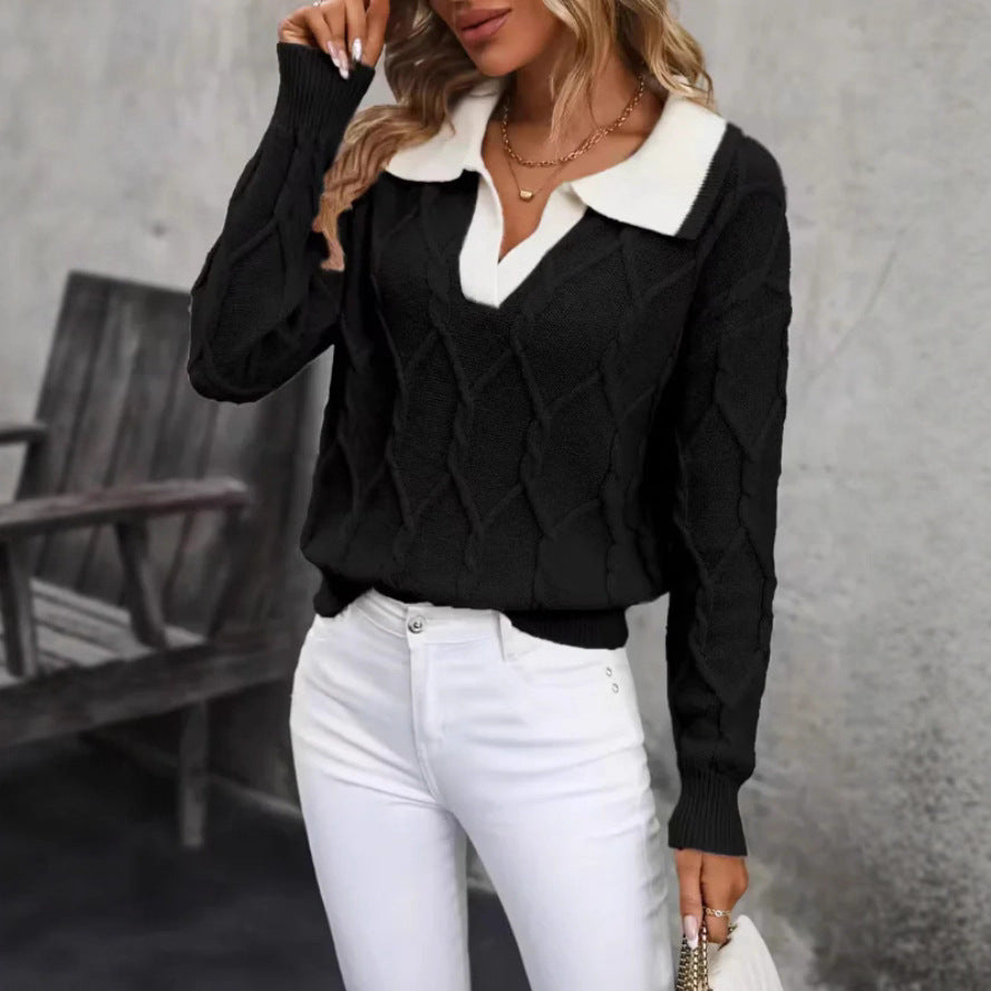 Damen Strickpullover mit klassischem Polokragen und Rautenstruktur Drune