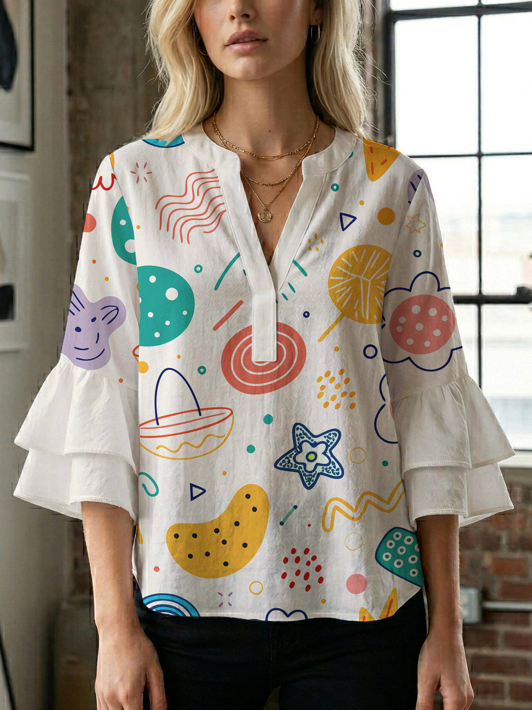 Damen Bluse mit voluminösen Rüschenärmeln und floralem Muster Drune