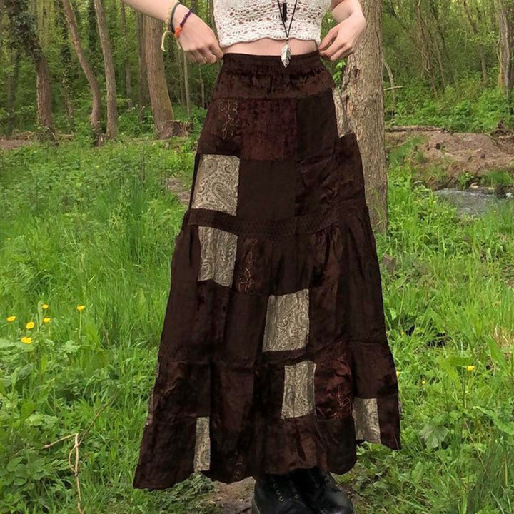Damen Maxirock mit floralen Patchwork-Mustern und voluminösem Saum Drune