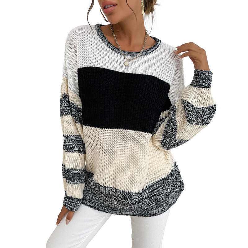 Damen lässiger Strickpullover mit modischem Blockdesign und weiten Ärmeln Drune