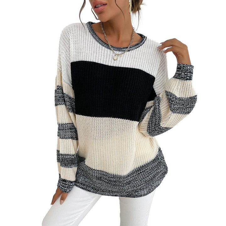 Damen lässiger Strickpullover mit modischem Blockdesign und weiten Ärmeln Drune