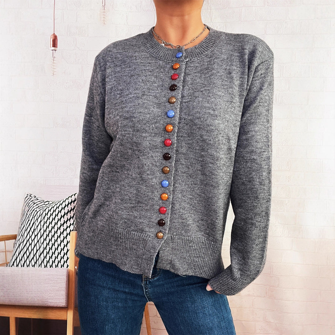 Damen stilvolle Strickjacke mit bunten Knöpfen Drune