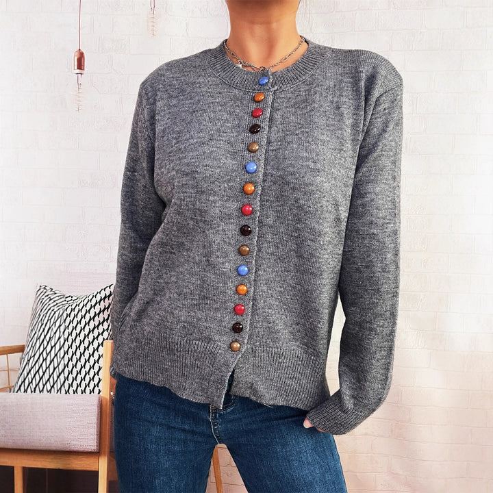 Damen stilvolle Strickjacke mit bunten Knöpfen Drune