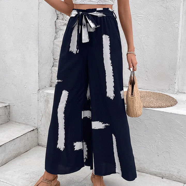 Damen Weite Palazzo-Hose mit modischem Bindegürtel und grafischem Muster Drune