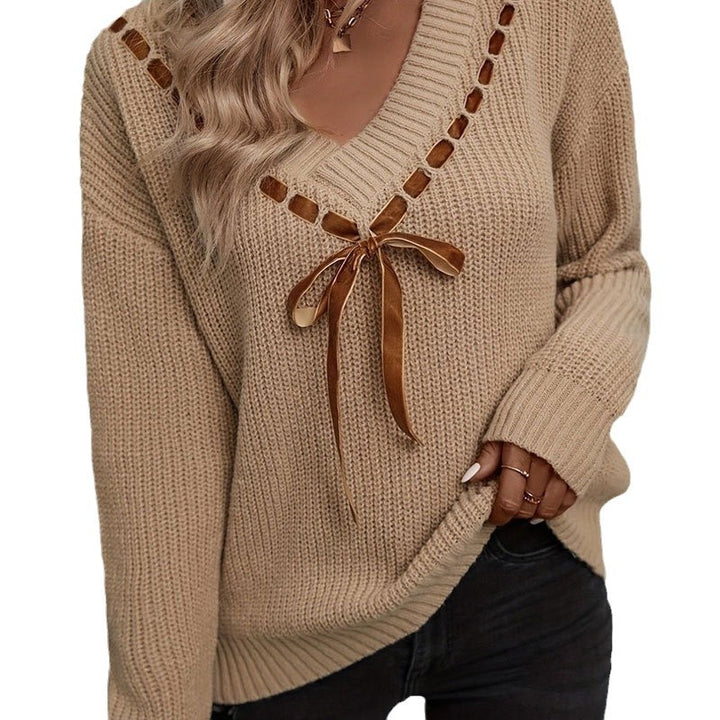 Damen Strickpullover mit V-Ausschnitt und dekorativem Bindeband Drune