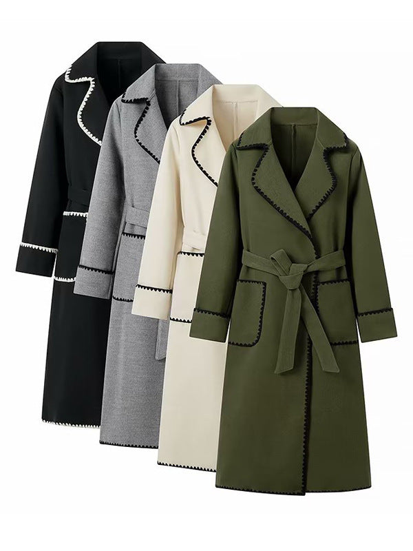Damen eleganter Longcoat mit Bindegürtel und kontrastierenden Paspeln Drune