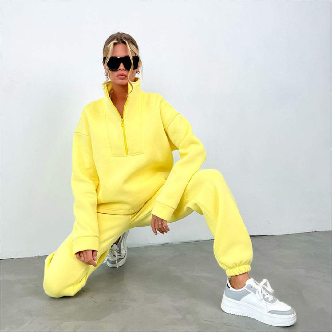 Damen nan weiches Oversize-Halbzip-Loungewear-Set mit hohem Stehkragen und taillierter Jogginghose Drune