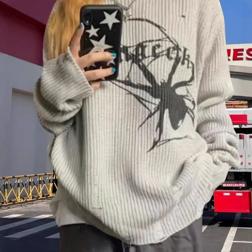 Damen Oversized Strickpullover mit auffälligem Spinnenmuster Drune