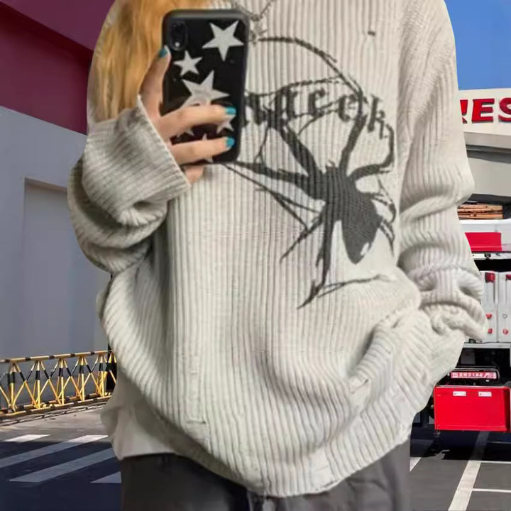 Damen Oversized Strickpullover mit auffälligem Spinnenmuster Drune