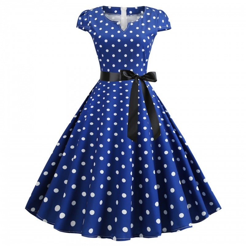 Damen Retro Swingkleid mit Punkten und Taillengürtel Drune