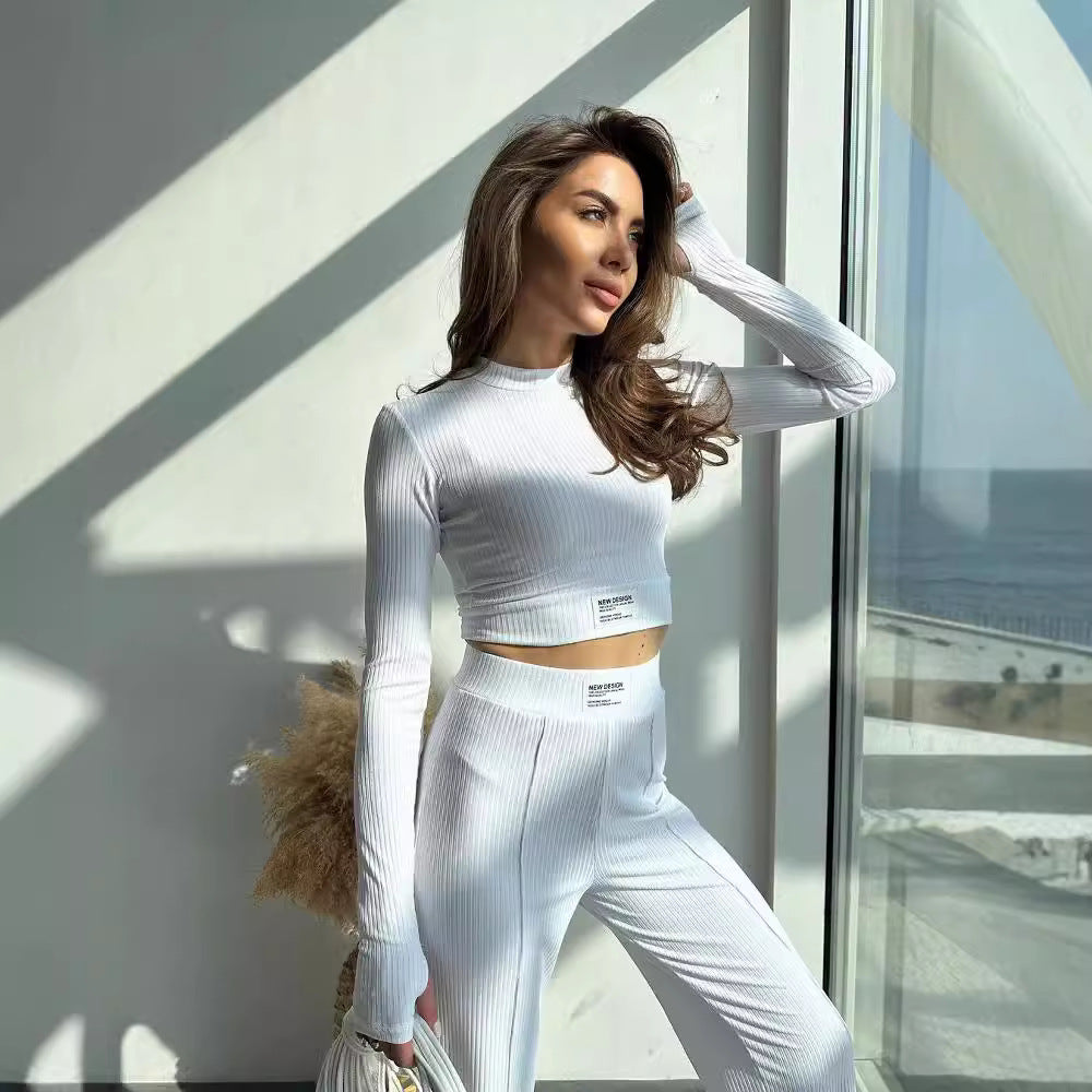 Damen Elegantes langärmeliges Oberteil mit passender Hose im Rippdesign Drune