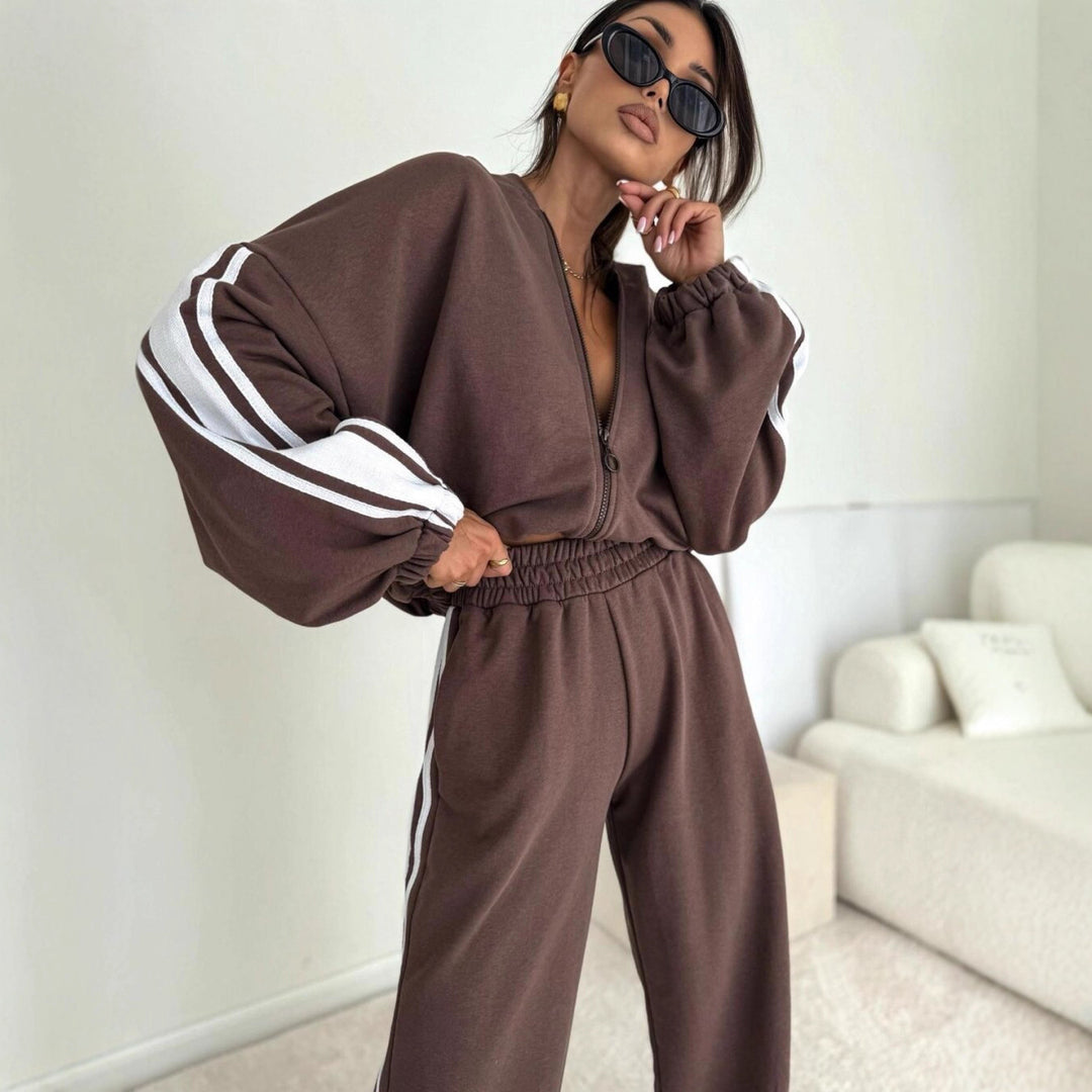 Damen sportliches Oversized Hoodie-Set mit Reißverschluss und breiten Hosen Drune