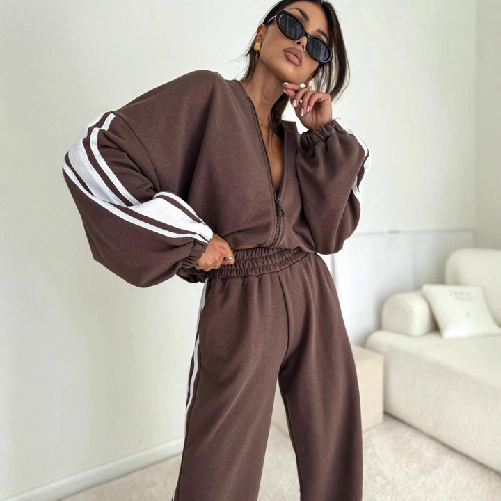 Damen sportliches Oversized Hoodie-Set mit Reißverschluss und breiten Hosen Drune