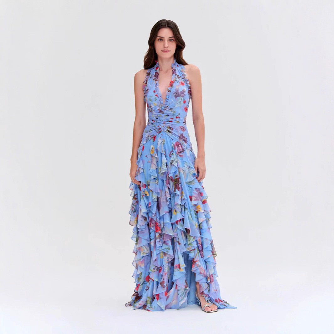 Damen Maxikleid mit voluminösen Rüschendetails und floralem Design Drune