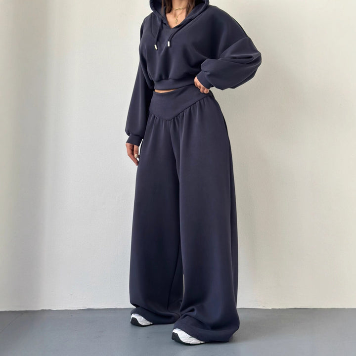 Damen nan luxuriöses Freizeitset Kapuzenpullover mit V-Ausschnittdetail und Culotte mit hoher Taille Drune