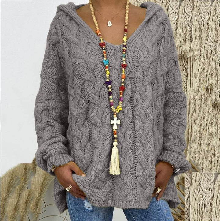 Damen nan grob gestrickter Kapuzenpullover mit Zopfmuster und weitem Oversize-Schnitt Drune