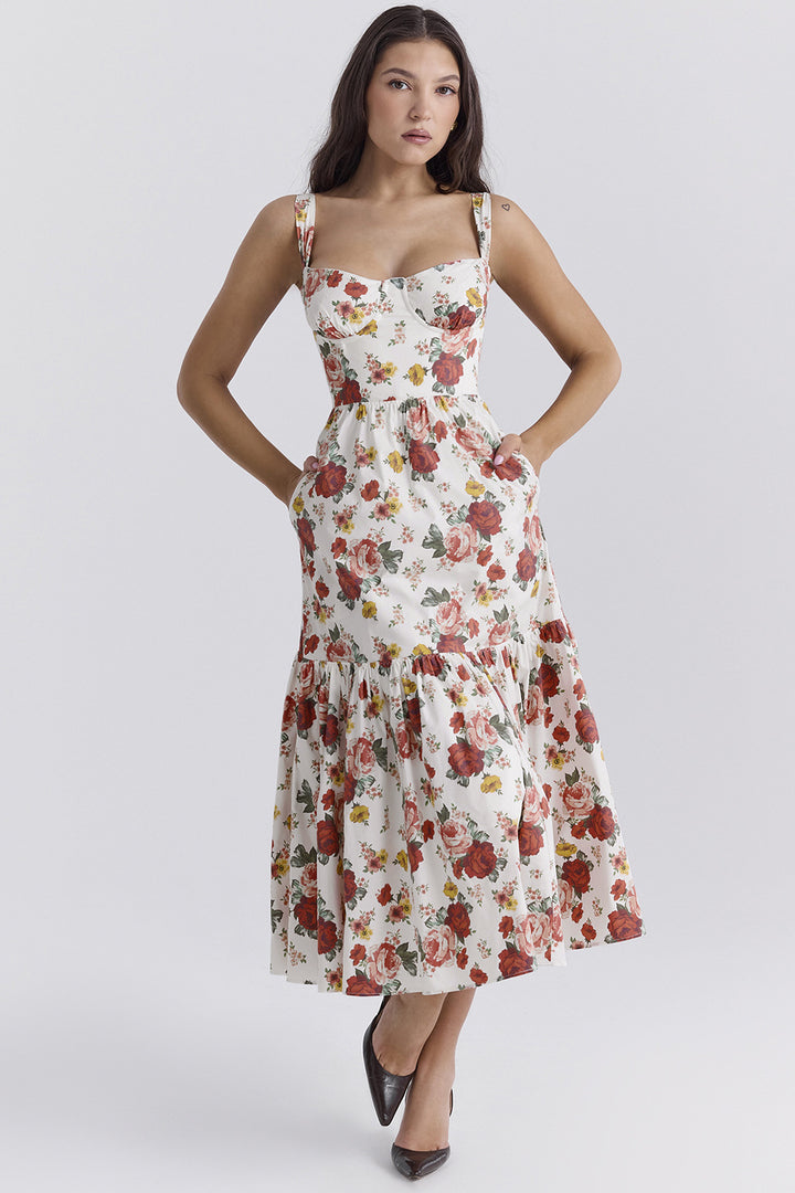 Damen Maxi-Kleid mit floralem Design und seitlichen Taschen Drune