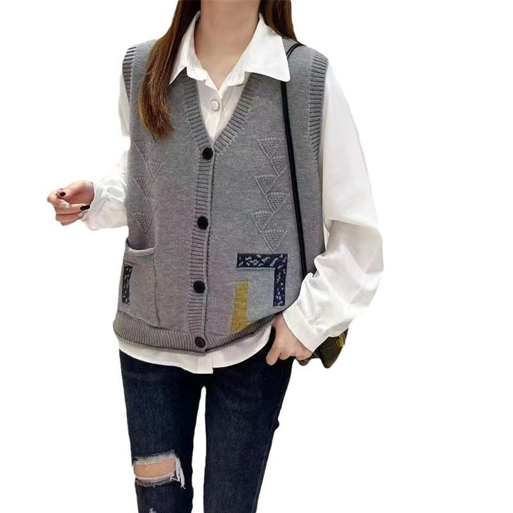 Damen Strickweste mit V-Ausschnitt und dekorativen Taschen Drune