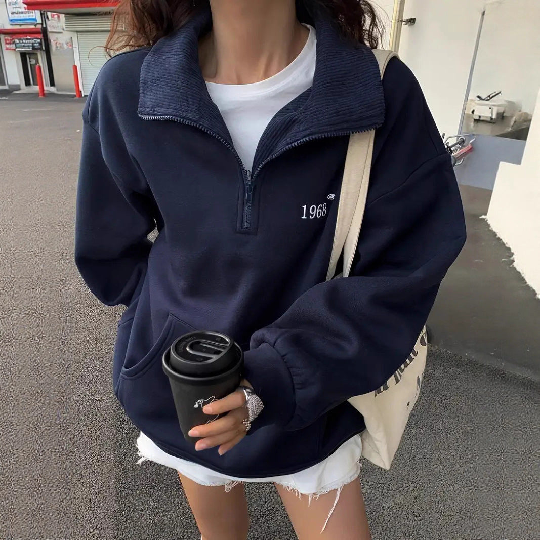 Damen nan oversized Halbzip-Sweatshirt mit hohem Stehkragen, Kängurutasche und lässigem Oversize-Schnitt Drune
