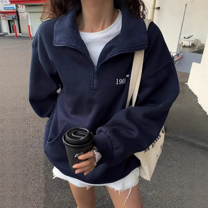Damen nan oversized Halbzip-Sweatshirt mit hohem Stehkragen, Kängurutasche und lässigem Oversize-Schnitt Drune