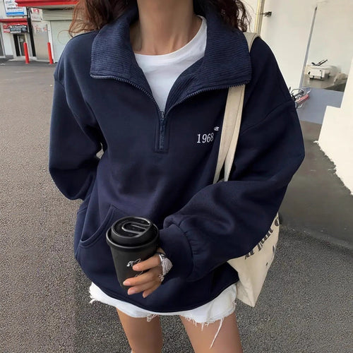 Damen nan oversized Halbzip-Sweatshirt mit hohem Stehkragen, Kängurutasche und lässigem Oversize-Schnitt Drune