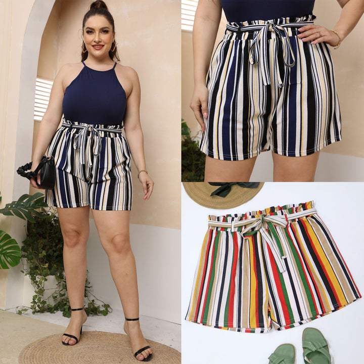 Damen gestreifte Sommer-Shorts mit elastischem Bund und Taillenknotenschnur Drune