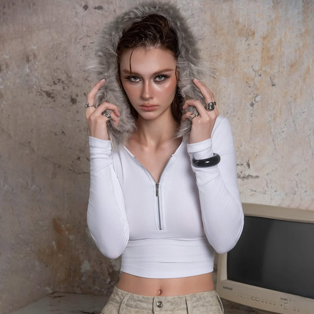 Damen nan kurzes Kapuzen‑Sweatshirt mit Kunstfellbesatz, Reißverschluss und Pompon-Kordeln Drune