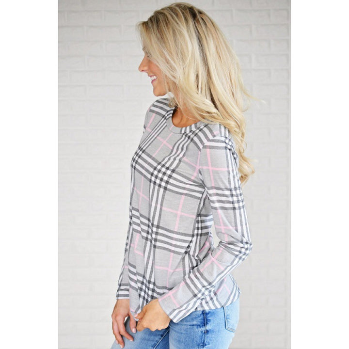 Damen Lässiges Langarmshirt mit Karomuster und seitlichen Schlitzen Drune
