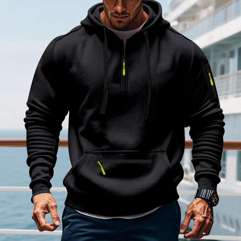 Herren nan technischer Halbzip-Outdoor-Hoodie mit verdeckter Kängurutasche, Reißverschluss-Ärmeltasche und integriertem Kabelkanal Drune