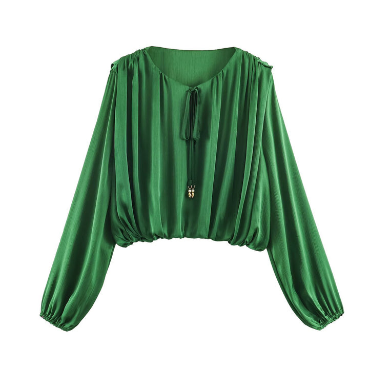 Damen nan luftige Boho Carmen-Bluse mit Kordelzug, weiten Ballonärmeln und elastischem Saum Drune