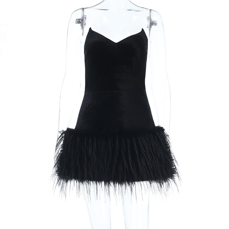 Damen Sexy Samtkleid mit Federn Drune