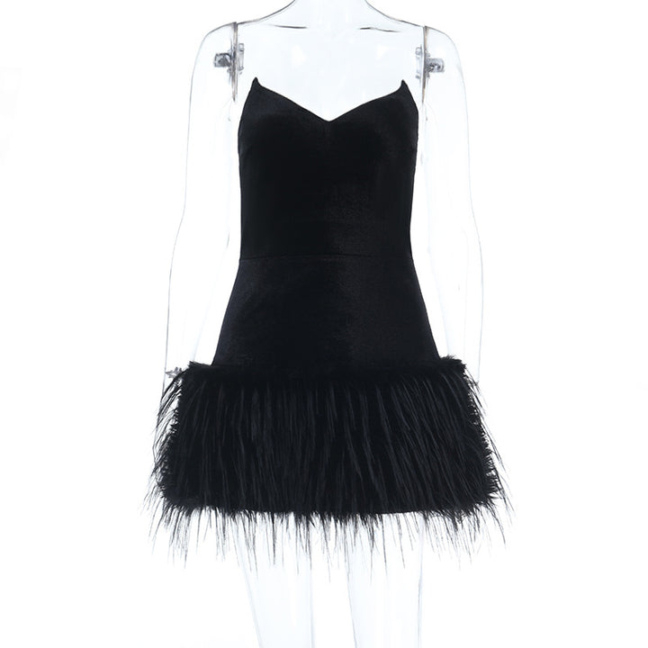Damen Sexy Samtkleid mit Federn Drune