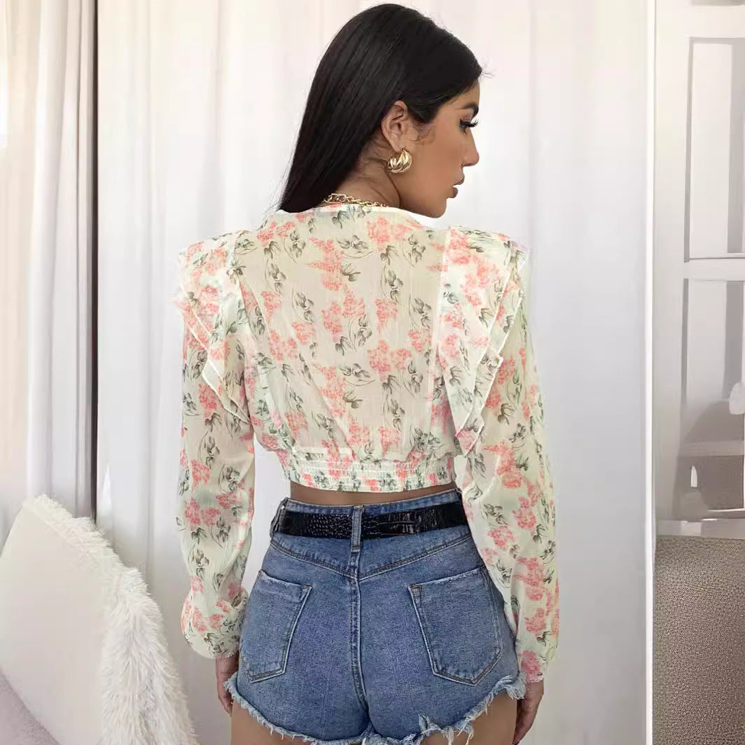 Damen Bluse mit Rüschen und floralem Design Drune