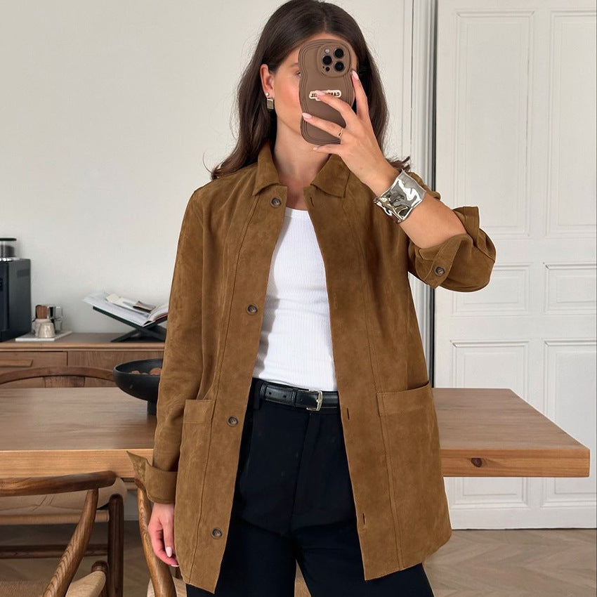 Damen Modischer Wildlederblazer mit praktischen Taschen Drune