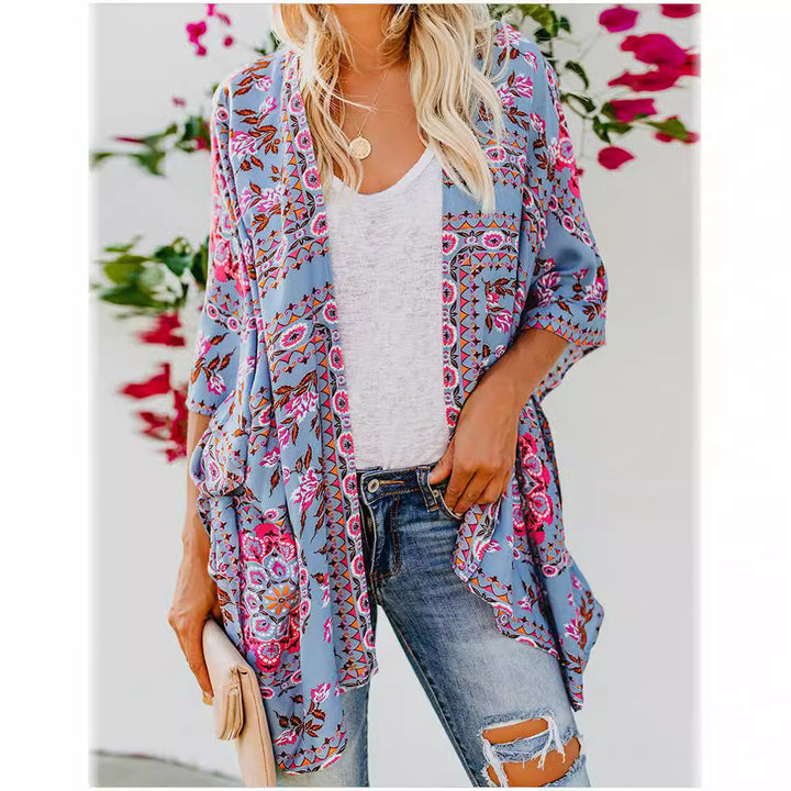 Damen luftiger Kimono mit floralem Muster Drune