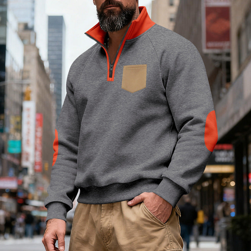 Herren nan Quarterzip-Sweatshirt mit Stehkragen, kontrastiertem Reißverschluss, Ellbogenpatches und Brusttasche Drune